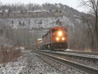 CN 331 works up the grade at Dundas with a pair of "old units" as described by the crew. The train later stalled out bringing them into Brantford after dark. 