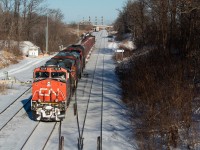 Well file this day under unique. 331 had just worked both Parkdale Yard and Stuart street, and is pictured here shoving off the cowpath through Snake into Aldershot to make a lift there too. Can't say this is a move I've ever seen before. The Parkdale thing threw me off enough as it was. From what I can gather from observation and from what I am hearing from others, 422 dropped a unit there (potentially its leader - 8943) and some cars I think, and at the very least 331 lifted its leader (and maybe the cars?) which became its third unit. 422 worked Stuart while 331 was in Parkdale, and then 422 worked Aldershot while 331 was in Stuart. You can see the tail end of 422 sticking out of Aldershot in this shot. It's the unique and unusual that make things interesting for us railfans, that's for sure. 