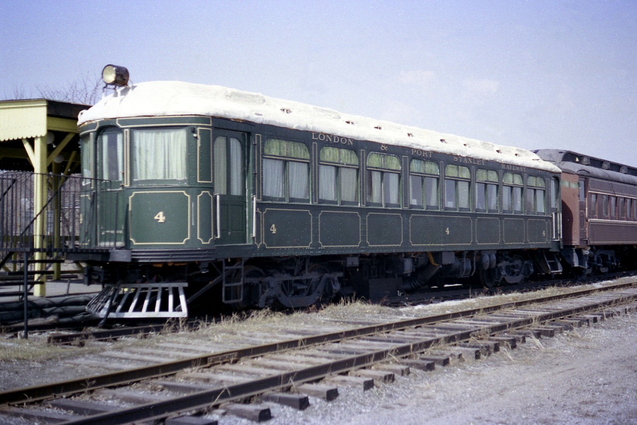 Back in 1972 a unique restaurant opened in downtown Orillia. "Ossawippi Express" Fine Dining. The business finally went under, citing hard times, in the spring of 2010. Eight rail cars that made up the venture were in limbo. The City of Kawartha Lakes negotiated to move the cars out, but the deal fell thru. All cars were destined to be scrapped. Fortunately in Dec 2012 and Jan 2013 four of the 8 cars were moved to Port McNicoll to be part of Skyline International Development's venture up there. DAR  Business Car "Nova Scotia" went to Heritage Centre at the Toronto John St. Roundhouse. The Interurban pictured, LP&S #4, was relocated to the Halton County Radial Railway in Milton as of September 2012. Two cars from the restaurant were scrapped; CP Official car 37 and x-CP Baggage 21054.