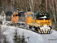 Hauling her first south bound train in the heritage paint scheme, ONT 1730 heads past mile 11.7 of the Temagami sub January 10th 2019