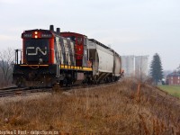 Switching Shantz Station Terminal Ltd (Parrish and Heimbecker) located near Breslau, after rolling from Acton to Breslau light power, they lifted P&H. Thanks to the Radio chatter I knew to go here for a second shot - didn't have much time, because they only had to lift 3 cars and I nearly missed the shot. But all you have to do is be there, right? Surprisingly in this hobby this is often the hard part. For the youngins, this terminal was built in 2003, new. There was nothing here before other than that house in the background and the mainline which is now the terminal operators office. Dial back 60 years and there were stations at Breslau and Mosborough once upon a time, but they are a half mile to a mile in either direction. Despite this being "Shantz Station" road I don't think there was ever a station here.<br><Br>
Also - CN 1444 was sent back to Mac Yard last night - so that's it for now for the GMD1 - until the next one is assigned - right now a highly likely prospect as long as these are active in the Toronto area roster.