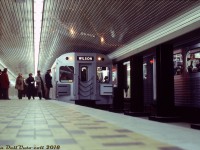 In late January of 1978, work was finally completed on Toronto's new Spadina Subway extension (from St. George to Wilson Station), and it was officially opened for regular operations with an opening day ceremony on January 27th 1978. According to Transit Toronto's <a href=https://transit.toronto.on.ca/subway/5106.shtml><b>Spadina extenion history page</b></a>, opening day featured two trains running north and south from St. Andrew and Wilson subway stations, meeting at St. Clair West subway station where attendees were subject to speeches and a tour of the new station facilities (which included the subway platform level, and an <a href-http://www.railpictures.ca/?attachment_id=33883><b>underground bus & streetcar terminal</b></a> under St. Clair Avenue). The next day, regular operations began with free rides for all passengers that day.
<br><br>
During opening day ceremonies, we find the northbound train of new Hawker Siddeley H5's posed at the northbound platforms of St. Clair West Subway Station, with another H5 train stopped on the southbound side (on closer observation, the number on one of the cars appears to be <a href=http://www.railpictures.ca/?attachment_id=30886><b>5741</b></a>). TTC supervisors and employees (note caps and jackets) crowd around the front end. The fellow in the brown coat with the camera is likely the late Robert McMann, who was also in attendance for the opening day. He was a well-known local TTC fan who shot many slides of the system from the early 1960's and into the early 90's.
<br><br>
<i>J. Bryce Lee photo, Dan Dell'Unto collection slide.</i>