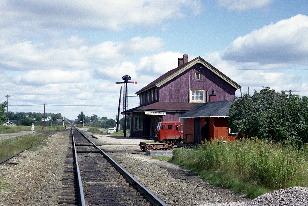 Once upon a time back in the early 1900s this was a very busy station. It was at the junction of the Intercolonial and Salisbury & Harvey RR, just west of Moncton.  Time passed, the railroads lost a lot of their significance and the Intercolonial was taken over by CN in 1918. The structure was reduced to MoW occupation by the time I grabbed this shot in 1977. Next time I returned in 1981, the old wooden station was gone.