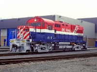 On a foggy hazy fall morning, BCOL 615 in fresh paint including Expo 86 logo on the fuel tank as well as the "hockey stick" stripe.