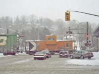 Going back over 14 years ago, I captured this image with the tailend of an OSR train heading up the Guelph Jct. Railway in Guelph, ON. An ex-CP van brings up the rear on a snowy day in 2005. 