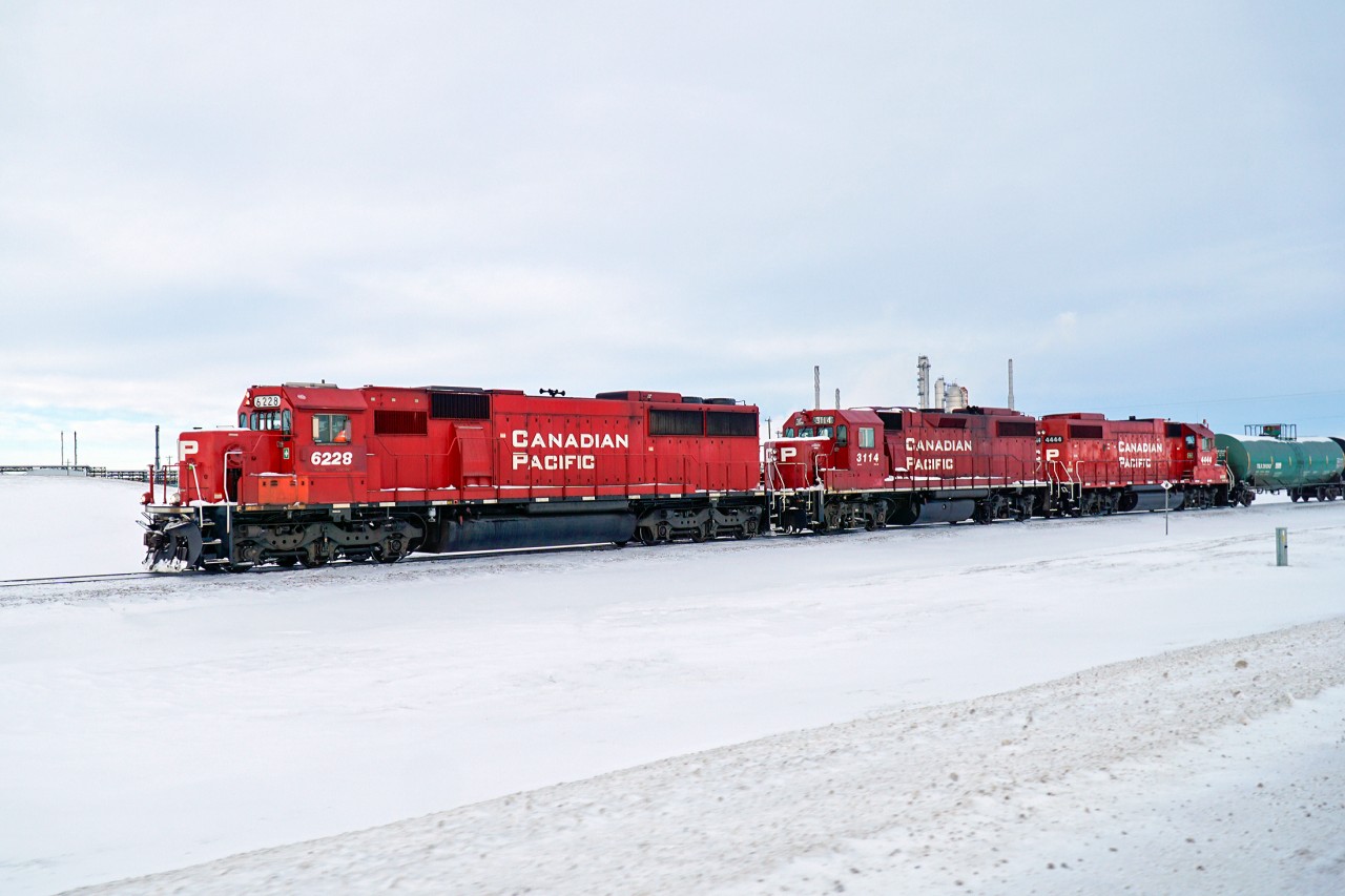 Moving tank cars on the Scotford Industrial Lead are SD60 CP 6228 (ex SOO), SD38-2 CP 3114 and 4444 also ex SOO