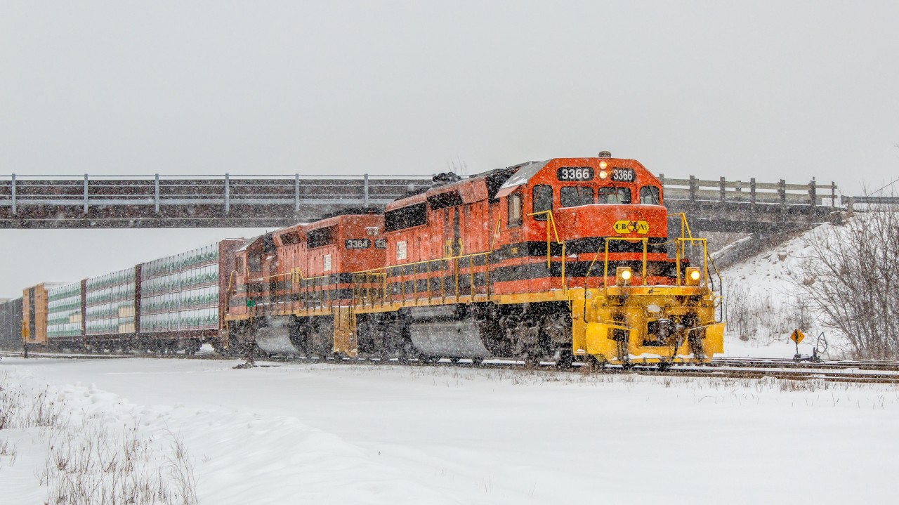 CBNS 3366 comes to a stop after completing their trip from Stellarton to Truro during a recent snow storm