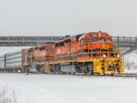 CBNS 3366 comes to a stop after completing their trip from Stellarton to Truro during a recent snow storm 
