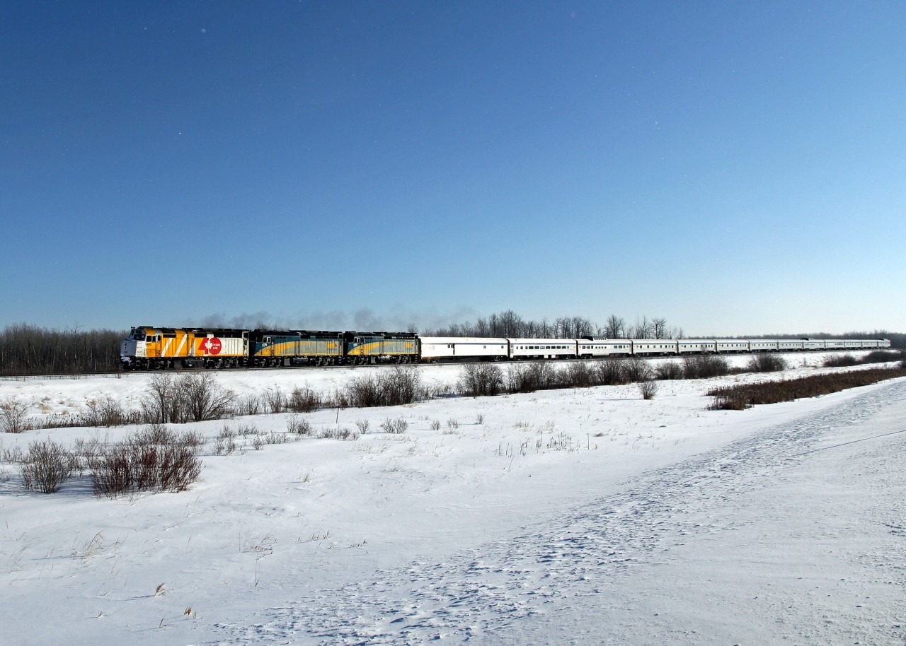 Another daylight viewing opportunity for VIA #1.  This time about 30 hours late cruising through Uncas at a leisurely 40 mph behind two freight trains.  Worth the -30C temp to see 40th Anniversary 6402 in the lead followed by 6410 and 6435.