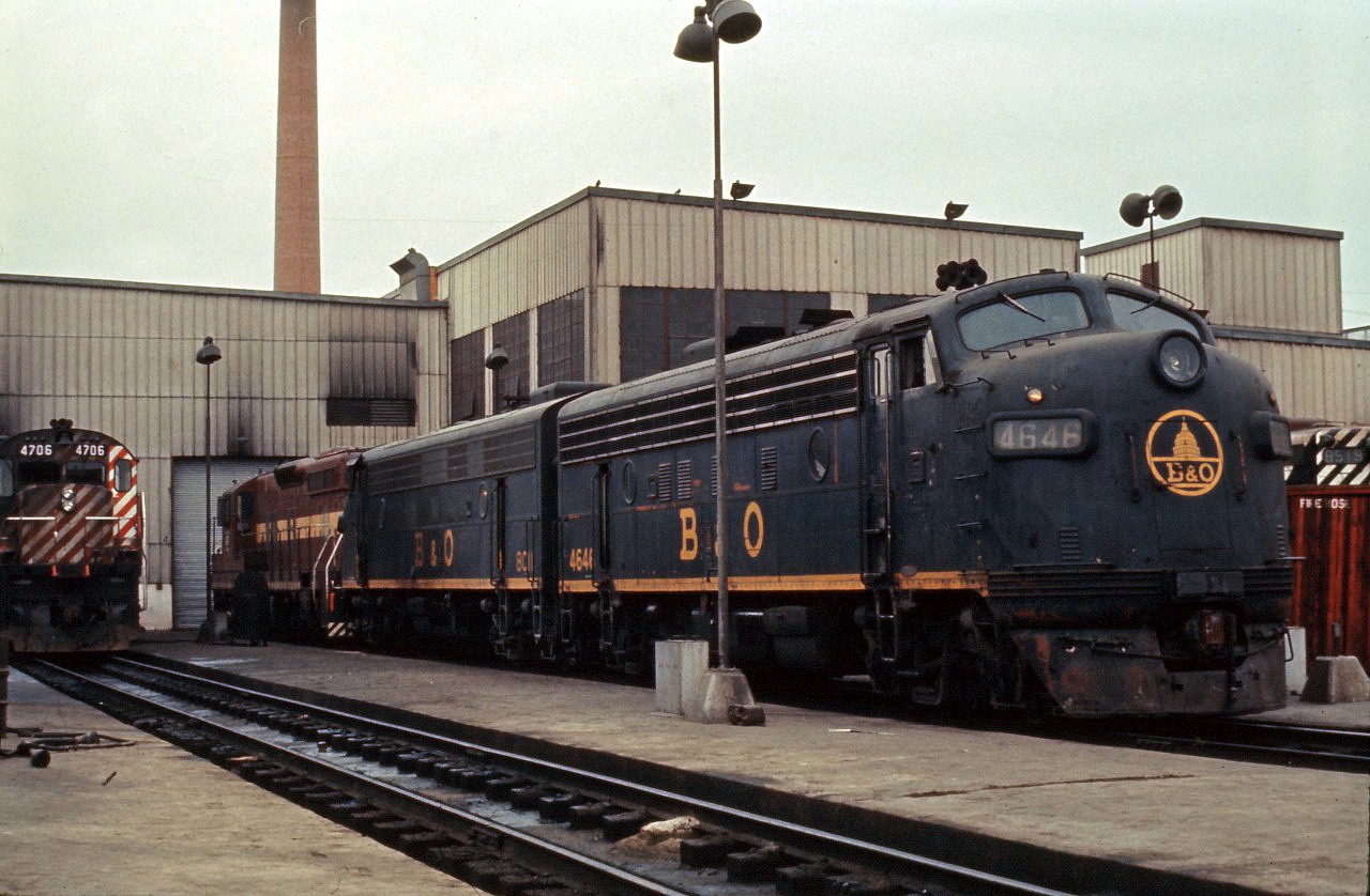 In the late 1960s and early 1970s, Canadian Pacific had a large leased fleet which included F7s from the Baltimore and Ohio and SDs from the Duluth, Missabe and Iron Range (as well as units from the Boston & Maine and Precision National). Here we see three leased units outside of the shop building at Toronto yard in late winter 1972.