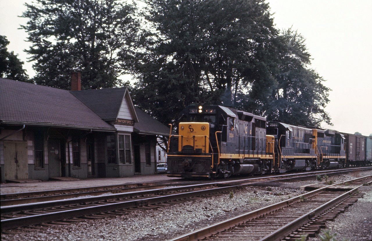 A trio of C&O second generation units lead a westbound freight through Waterford in July 1966.