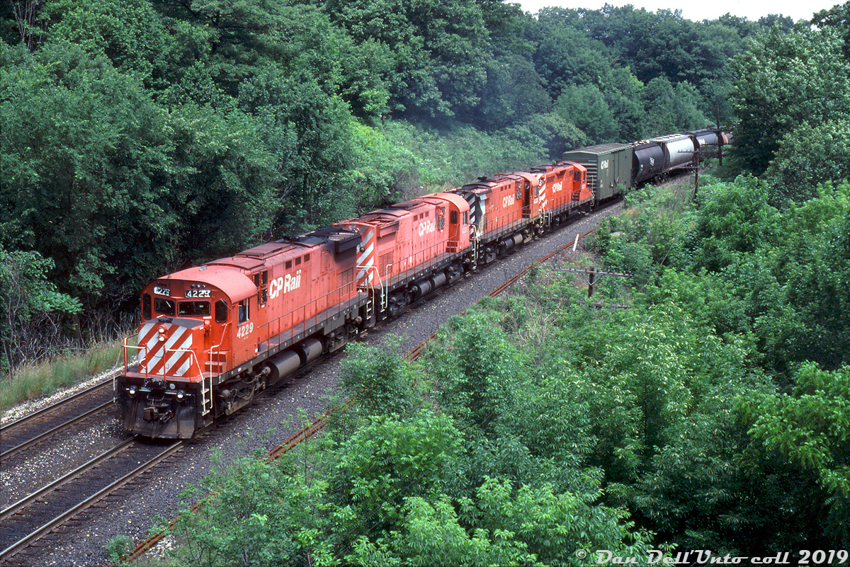 It's 1994 and while CP's "big M" fleet is on the way out, the smaller 4-motor MLW's still have a few years of use left. There's no shortage of 251's here as three CP C424 "Centuries", 4229, 4231 and 4228, team up with GP9u 8221 hauling westbound freight #522 over CN's Oakville Sub around the curve on the approach to Bayview Junction. The faded "action pink" of the second unit, despite being repainted only a few years prior, was typical of the paint quality of that era (and CP wasn't going to spend any more than needed on paint or repairs for units nearing retirement, so none ever got the "dual flags" livery). Just ahead of the TH&B and CP cylindrical hoppers is what appears to be CP 84987, one of a handful of newsprint boxcars CP modified with an extended height roof to handle stacking larger newsprint rolls.

Reg Button photo, Dan Dell'Unto collection.