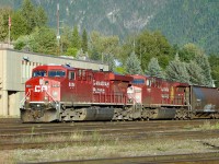 ES44Ac CP 8824 and AC4400CW CP9635 have come of CP's Mountain Sub and pause at Revelstoke for a crew change