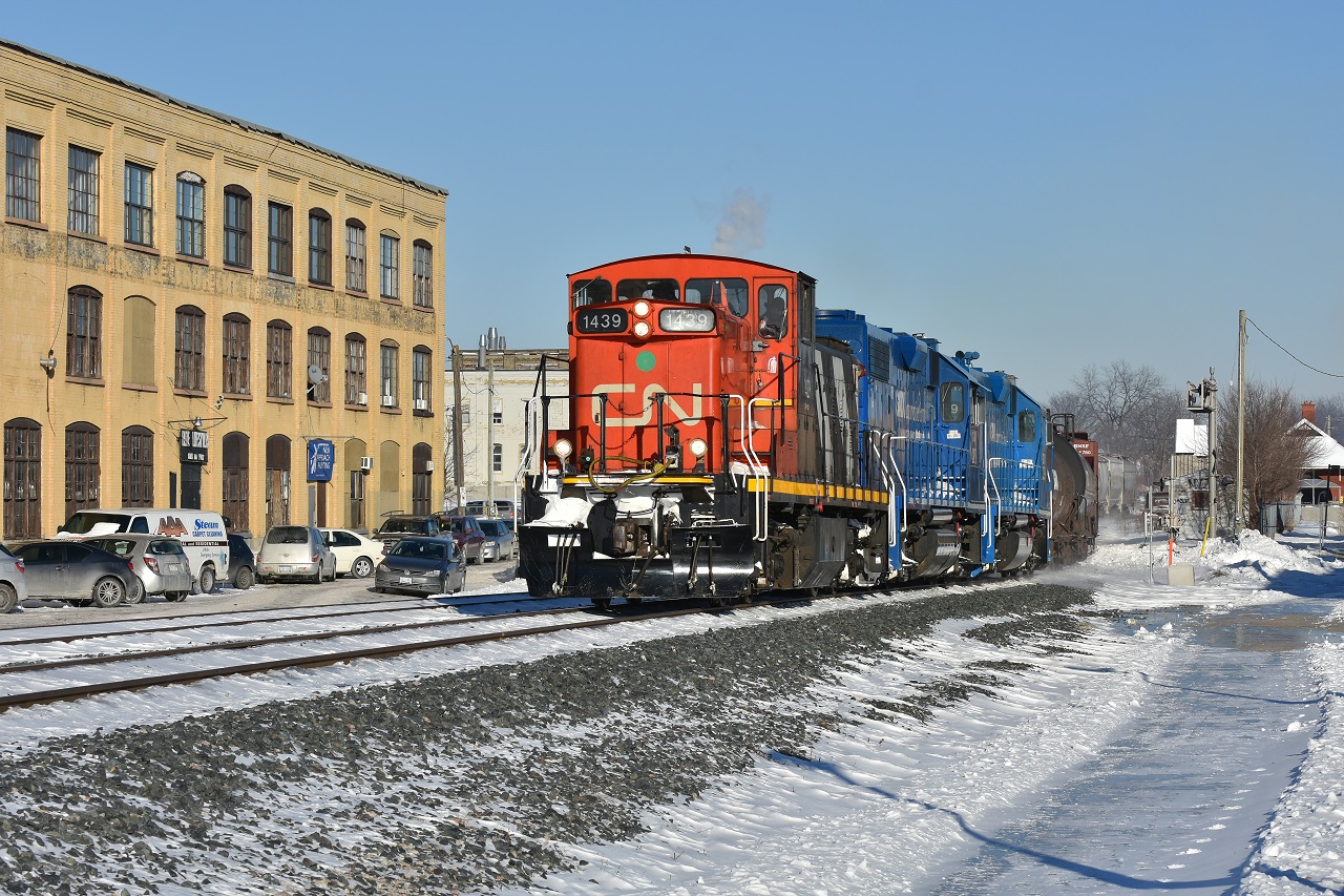 CN L568 departs Kitchener for Stratford with a pair of GMTX leasers helping out the 1200HP GMD1. 1439 would return to Mac Yard 3 days later