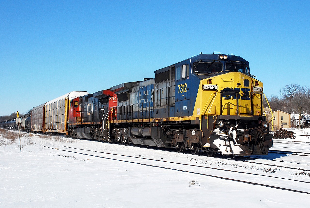 It was a beautiful sunny day today but extremely cold.  GECX 7312 looked good leading CN 384 through Brantford in the fresh snow.  Thanks for the heads up Joe.