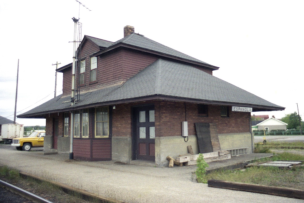 The old Espanola CP station near the Brown Forest Industries plant, later E.B. Eddys. Pulp and Paper, under various company names was what kept this town going. Currently the operations there are part of Domtar. The station was originally property of the Algoma Eastern Railway before takeover by CP. I do not have a date in which this structure was demolished.