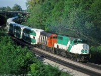 There's lots of photos of GO power running on CN and CP in freight service, but what about the opposite - CN power in GO service?
<br><br>
In the 1970's CN had two of their GP40's, 4016 and 4017 (later renumbered 9316 & 9317 in 1981) equipped with high-speed 89mph gearing for CN and later VIA passenger service in the southern Ontario corridor, pulling both conventional steam-heated and Tempo consists (usually with an SGU car or HEP-equipped baggage) and often mixed in with the usual passenger pool power out of Spadina roundhouse. They did however see the occasional fling in GO service: they operated for a time in the early 1970's with CN SGU cars and leased Ontario Northland coaches working in GO service on the Lakeshore corridor.
<br><br>
The Spring/Summer of 1982 was another time when the CN GP40 duo regularly showed up in GO Transit service, usually doubleheading behind a 700-series GP40-2W on a Lakeshore line train. Here we see GO 700 and CN 9317 teamed up pushing a consist from Hamilton, trailing 10 bilevels and an APCU heading eastbound through Bayview on the CN Oakville Sub. Photos suggest 9316, 9317 and also 9312 saw use on GO trains during this time (the rest of the 9300's were never regeared and never saw regular passenger train use. It's also questionable if 9312 was regeared for GO, or just pressed into service as-is. Anyone? Bueller? Bueller?).
<br><br>
The aging CN 9300's would run out their careers in freight service in the 1990's and get sold off, but not before being joined in freight service by GO's entire fleet of GP40-2W's (minus 703), sold to CN in 1991 and renumbered as high 9600's. They also initially keeping their own high-speed gearing as well.
<br><br>
<i>Bill McArthur photo, Dan Dell'Unto collection scan.</i>
