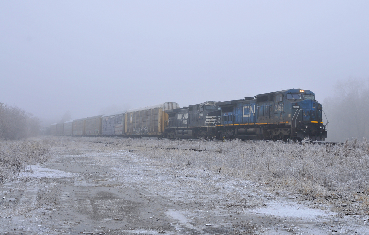 IC 2463 - NS 9842 lead CN X384 through Brantford with 121 cars.

 
This was the first of two major ice storms to hit the area in as many weeks