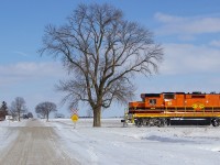 GEXR 2073 on point of GEXR 581 as they charge northward at a leisurely pace of roughly 15mph outside of Hensall, Ontario after lifting a lone boxcar at Exeter, Ontario. It was quite the switching maneuver performed to boot. Here they are crossing over Walnut Road. Walnut Road is the first side road north of Hensall. A big thanks to my buddy Jamie Knott for fixing this gem for me, I still haven't mastered editing yet and am very slowly learning the basics. The original was slightly out of level and he also made a few other adjustments for me. I'm not sure what the species of tree is in the shot, but one can only surmise it might be a a Walnut since it's on Walnut Road. 