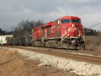 Under a break in the clouds, CP train 234 is just east of Campbellville, as it heads down the Niagara Escarpment for Agincourt yard in Toronto with 8732 and 9673.