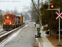 Well, as Kent Brockman in the Simpsons TV Show once capitulated during an alien invasion: "I for one, welcome our new railway overlords" and I guess I feel the same way. The Goderich-Exeter may be gone in Guelph and along most of the Guelph subdivision but with motive power like this, who's complaining? - Photographically speaking anyway. From a railway point of view, viewers from afar may be surprised to learn that the former Goderich-Exeter Guelph subdivision and associated spurs are essentially a CN Internal Shortline and still referred to as the "GEXR" by many. Why? Well, it's all the same employees in the cab! Other than CN 431 which is manned primarily by Toronto South crews on CN, all other assignments and customers on former GEXR Guelph sub are essentially guaranteed to the former GEXR guys who came over to CN. And these guys actually end up crewing 431 or 432 on occasion. It's their work, as far as the Union is concerned. That's about the easiest way I can explain it. And to hammer my point, witness this photo - L540 is heading east to Canwel in Acton, Ontario with two loads. Canwel could easily be done by a job that works the Halton subdivision... but they send a job from Kitchener for it. Similarly, and more suprisingly HCL Logistics located in London, Ontario at the former EMD plant also regularly gets rail service - out of Kitchener, NOT London for these exact same reasons. The internal shortline applies to Running Trades only - all other employees - MOW, Signals, RTC, Car Control, Carmen, Trainmasters, Management are not part of this agreement and may or may not be former GEXR employees. DI handles the Guelph Sub dispatching out of Montreal west of Kitchener.