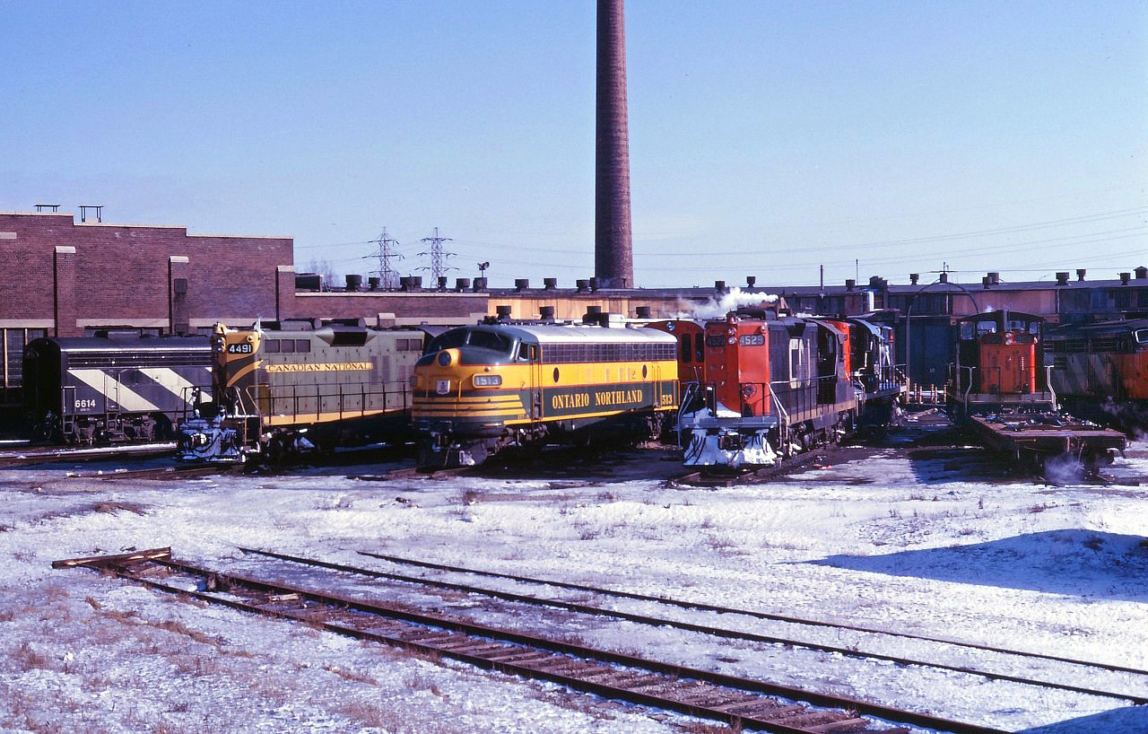 Spadina roundhouse was always a joy to visit...on this trip in January 1967, we see CN F9B 6614, GP9s 4491 and 4529, ON FP7 1513, passenger GMD1 1906, and unidentified 8500 series S13, 3i700 series RS18, and 6700 series FPA4 units. Seems hard to believe today, yet this was routine 50 years ago.