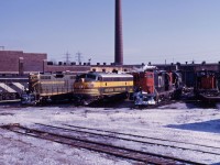 Spadina roundhouse was always a joy to visit...on this trip in January 1967, we see CN F9B 6614, GP9s 4491 and 4529, ON FP7 1513, passenger GMD1 1906, and unidentified 8500 series S13, 3i700 series RS18, and 6700 series FPA4 units. Seems hard to believe today, yet this was routine 50 years ago.