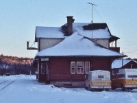 <br>
More CP Rail Ste. Agathe Subdivision
<br>
<br>
North of Mount-Tremblant is Labelle at mile 80.2 Ste.Agathe Subdivision ( 105.8 rail miles from Gare Windsor)
<br>
<br>
Serviced six times per week by CP Rail Dayliner passenger trains (CP Rail's term for R.D.C.'s or Budd Car's),
<br>
<br>
 #164 (Tue Thur) 
<br>
<br>
 #167 (M W F) 
<br>
<br>
 #172 (Sun) 
<br>
<br>
 Last VIA Rail Budd's November 1981.
<br>
<br>
  From '85 to '87 inclusive Labelle generated two freight car loads
<br>
<br>
  Same time period Mount Laurier at mile 138.2 ( 163.8 rail miles from Gare Windsor ) generated 38 freight car loads
<br>
<br>
 Hydro Quebec was a strong objector at the CTC abandonment hearings.
<br>
<br>
“Hydro Quebec opposed the abandonment as it considers rail to be the only effective method of transporting its large, heavy equipment to Hydro Quebec stations served by the Ste. Agathe Subdivision. 
<br>
<br>
...the Quebec Ministry of Transport refused Hydro Quebec's request to transport by road the transformers from the Grand-Brûlé Substation. The transformers weigh 107,000 kg each. There are 6 transformers in total with 2 transformers currently being repaired at the maintenance facility at Varennes, Quebec. One transformer will be returned to Grand-Brûlé [substation located near Mount-Tremblant ] in December 1989 and the second transformer will be returned at the beginning of 1990. The remaining four transformers will be transported to the repair facility in 1990, 1991 and 1992.” (source: CTC Hearings documents at the abandonment application)
<br>
<br>
 The CP Rail Ste. Agathe Subdivision from Ste. Agathe mile 44.4 northward officially abandoned December 1989 ( Ste Therese mile zero ) 
 <br>
<br>
 Kodak Ektachrome slide, on a very cold late December 1976 afternoon  at  Labelle P.Q.  by S.Danko 
<br>
<br>
 More Ste.Agathe Subdivision
<br>
<br>
 <a href="http://www.railpictures.ca/?attachment_id=4060">  Petitt Train du Nord circa 1979 </a>
<br>
<br>
<a href="http://www.railpictures.ca/?attachment_id=36511">  St. Faustin </a>
<br>
<br>
sdfourty