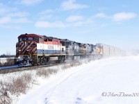 Word had filtered on down the pipeline that this train was coming and was hot. No doubt it was with this eclectic array of power featuring BCOL 4624, NS 9856, GECX 7347 and GECX 9545. I went out to Camlachie Sideroad and wasn't disappointed as the snow was flying as they blew by.