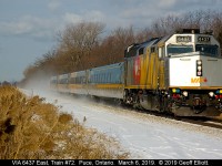 VIA 6437, with Train #72, kicks up a little dusting of snow as it speeds though Puce, Ontario on it's way, ultimately, to Union Station in Toronto.