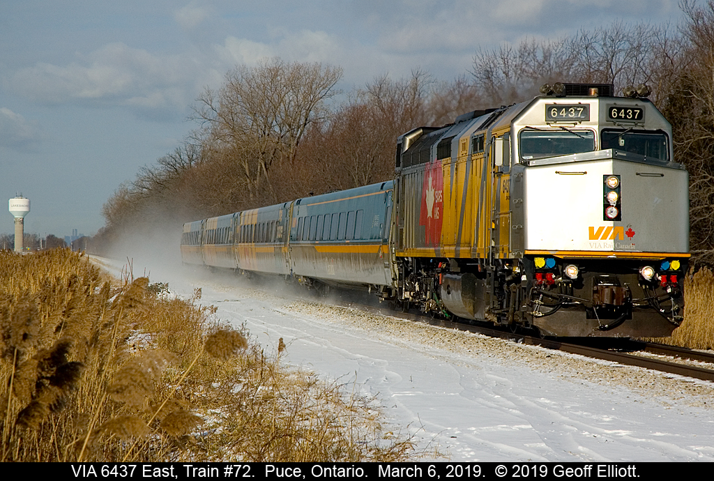 VIA 6437, with Train #72, kicks up a little dusting of snow as it speeds though Puce, Ontario on it's way, ultimately, to Union Station in Toronto.