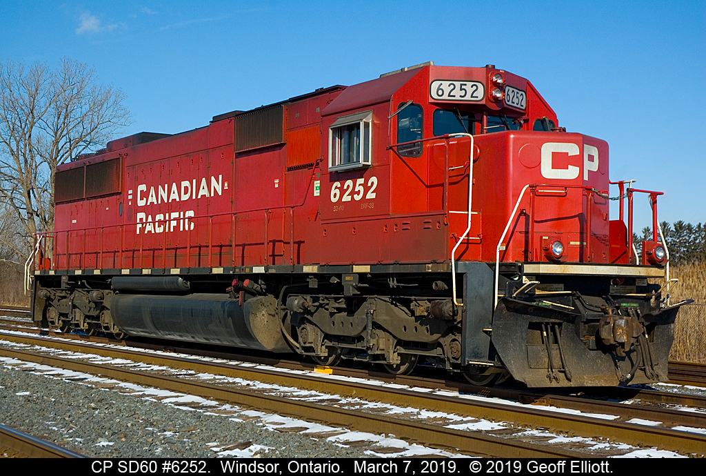 CP SD60 #6252, former SOO Line 6052, sits at Jefferson Yard in Windsor waiting to be put on the headend of an Eastbound later in the day.  Nice to see these still around, but I still preferred them in SOO paint....
