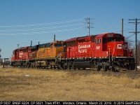 CP train #T-41 returns to Windsor Yard light power on March 23, 2019 with CP 5037, BNSF 6442, and CP 5021 as the day's consist.