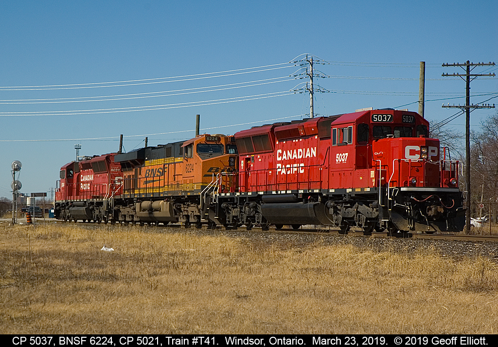 CP train #T-41 returns to Windsor Yard light power on March 23, 2019 with CP 5037, BNSF 6442, and CP 5021 as the day's consist.