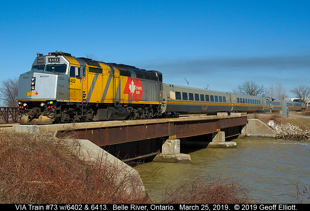 VIA F40PH-2 #6402, still sporting it's "40 Years of Service" logo, heads up VIA #73 for March 25, 2019 as VIA F40PH-2 #6413 brings up the tail end in what is apparently now regular practice for VIA running "Push-Pull" on these trains.