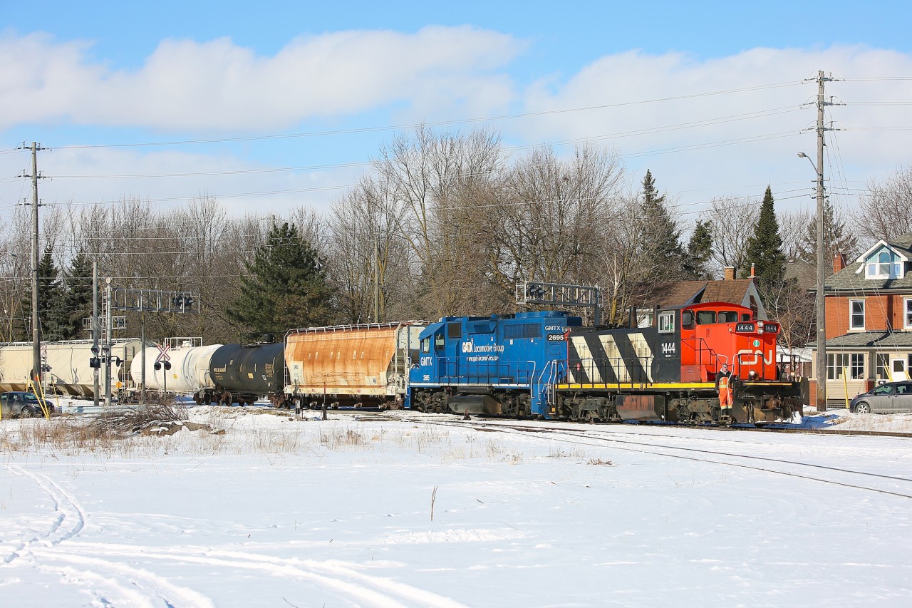 CN 1444 has been getting a lot of coverage during its time on 542 but I figured I'd still add this photo to the website.  This shot was taken as the train arrived in XV Yard after working the industrial leads in Guelph.  It would take the east leg of the wye and, with GMTX 2695 now leading, build its train before heading down to Cambridge.