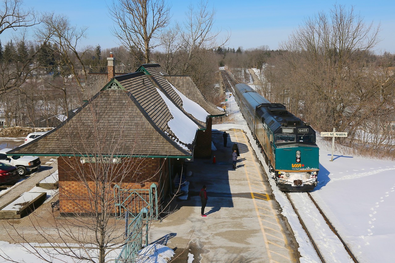 After crossing the Trout Creek Bridge, VIA 85 makes its station stop at St. Marys.  There were no new passengers waiting to board the train but several people disembarked.  The station, owned by the town since the 1980s, was originally built in 1907 and restored/renovated in 1988.