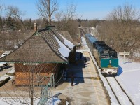 After crossing the Trout Creek Bridge, VIA 85 makes its station stop at St. Marys.  There were no new passengers waiting to board the train but several people disembarked.  The station, owned by the town since the 1980s, was originally built in 1907 and restored/renovated in 1988.  