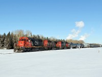 SD 40s at work on the Fort Saskatchewan Industrial Lead out of Scotford.  Ex UP SD40-2 units CN 5373 leading and CN 5937 at  the rear. in the middle SD40-2(W) CN 5269. 
