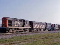 Aldershot used to be a great place to spend a summer's evening watching trains--in this scene from July 1967, we see an eastbound working the yard with RS18 3619, FB2 9435, RS18 3655, GP9 4451, and a 3800 series RS18 still in green and yellow. And the guy in the engine wonders what's so interesting about his train!