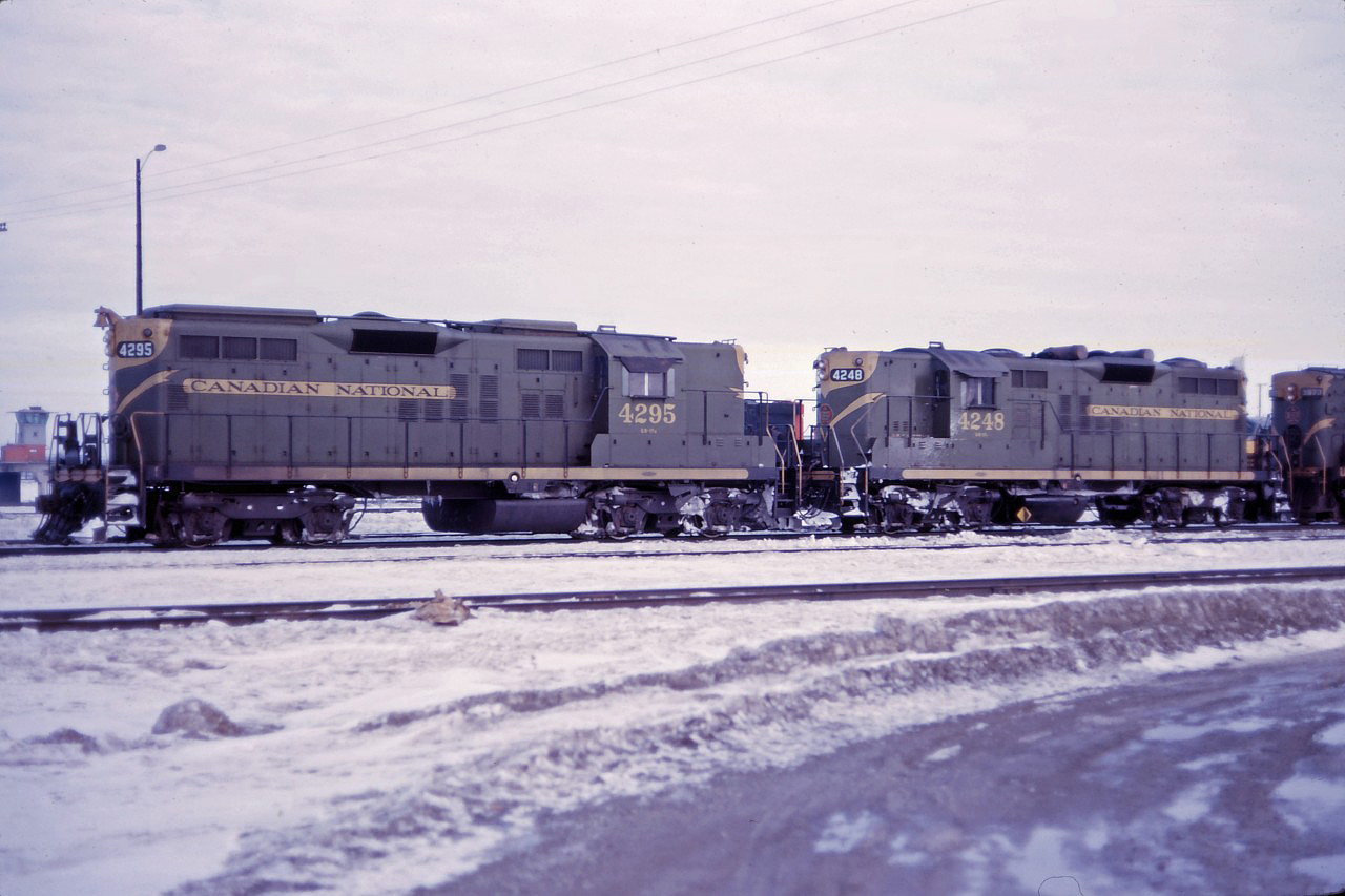 Prior to the arrival of second generation power from the mid-1960s to mid-1970s, CN main line freights in Central and Western Canada were dominated by GP9s and RS18s, supplemented by Edmonton-based F7s and FA/FB units maintained in Quebec and the Maritimes. So, it wasn't that unusual to find a couple of "light weight" GP9s based in Winnipeg at Toronto Yard having arrived on a transcontinental freight. 19 similar units were based in Senneterre, Quebec in 1967 and they would also sometimes show up in the Golden Horseshoe.