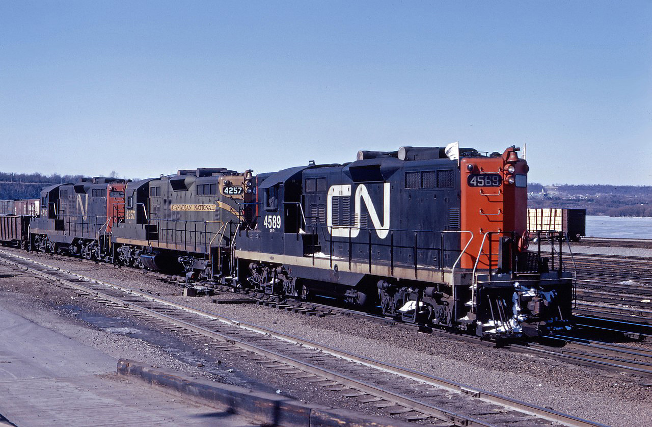 A trio of GP9s (4589, 4257, and 4516) work the South Yard at Stuart Street in Hamilton on a snowless day in early 1968. (Photograph taken from piggyback ramp.)