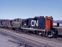 A trio of GP9s (4589, 4257, and 4516) work the South Yard at Stuart Street in Hamilton on a snowless day in early 1968. (Photograph taken from piggyback ramp.)