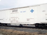 CP controlled temperature refrigerated boxcar 286213 is seen sporting a unique white "FRICEPT" livery, taken near Montreal QC in 1992. The area where the refrigeration unit would be seems to have been modified, with "Caution, Pressure Vessel Enclosed" lettering on the exterior. It is unknown if any further cars were modified or if this was an experimental one-off.