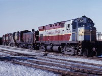 A CP extra prepares to leave the TH&B's Aberdeen Yard on a January morning in 1967. I don't recall whether the train was headed for London or Toronto...A wonderful consist, though--C424 4239, leased B&M RS3 1540, CP RS18 8785, and passenger RS10 8645.