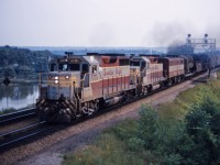 The eastbound "Starlight" struggles up the grade towards Aldershot and Burlington behind GP35s 5006, 5005, and a rare FB2 (one of only six, plus two FPB2s, on the CP roster).