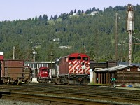 Various power sits in front of the Cranbrook roundhouse. The 9009 is off the Fort Steele switcher created a year earlier when crew change point was changed from Cranbrook to Fort Steele,but insufficient space at Fort Steele required that general merchandise be sorted at the old Cranbrook yard.