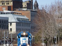 GMTX 2257 is the sole power as it pulls 53 cars out of the Port of Montreal, with the train heading directly to Taschereau Yard.