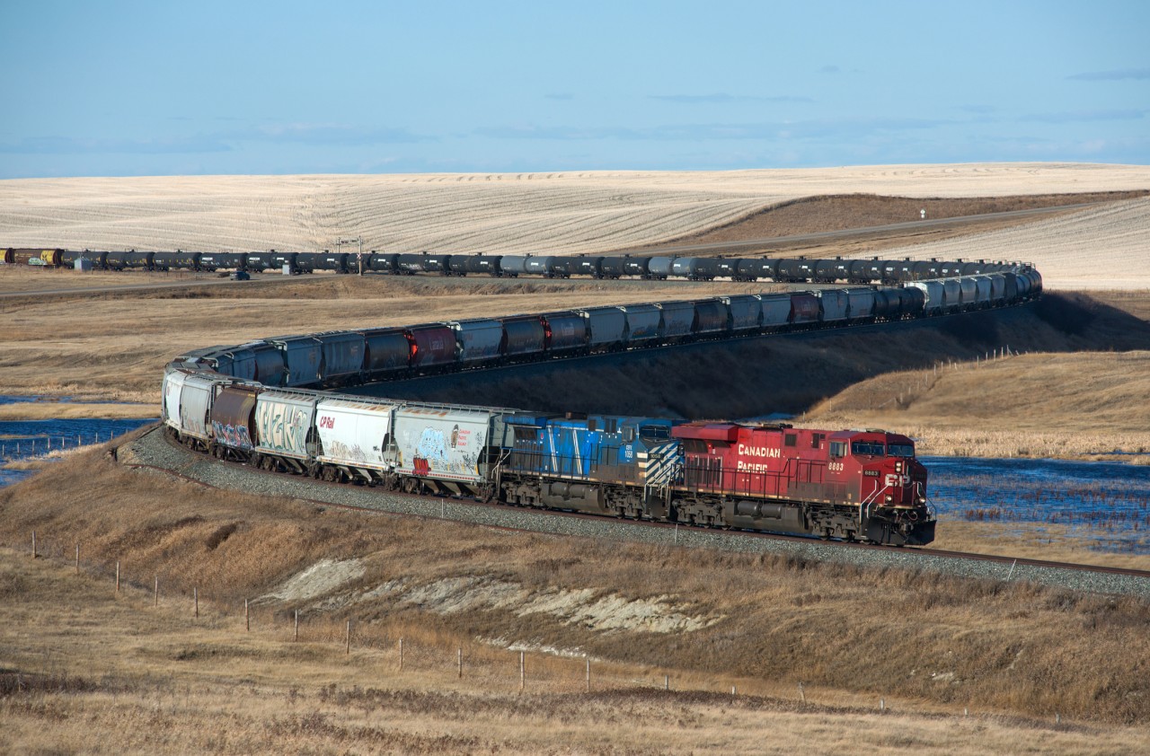 CP's daily Wilkie SK to Red Deer AB mixed freight snakes through the S-curve just east of Macklin Saskatchewan on the Hardisty Subdivision.