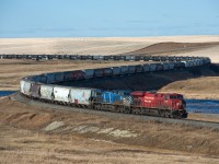 CP's daily Wilkie SK to Red Deer AB mixed freight snakes through the S-curve just east of Macklin Saskatchewan on the Hardisty Subdivision. 